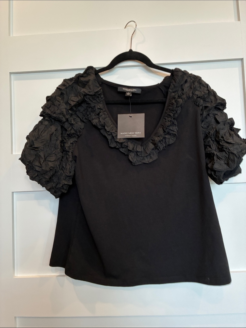 Andrew Marc Black Short Sleeve Tee with Ruffle-Textured Sleeves